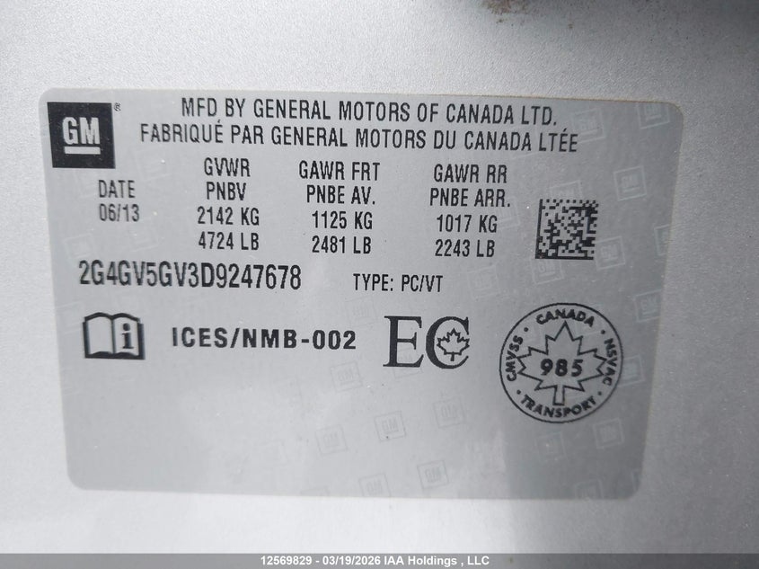 2013 Buick Regal Gs VIN: 2G4GV5GV3D9247678 Lot: 12569829