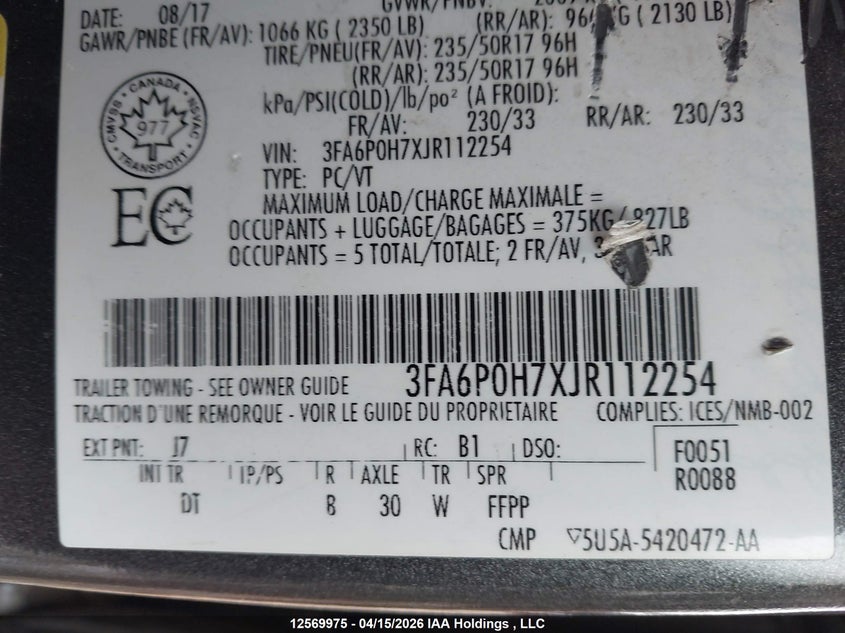 2018 Ford Fusion Se VIN: 3FA6P0H7XJR112254 Lot: 12569975