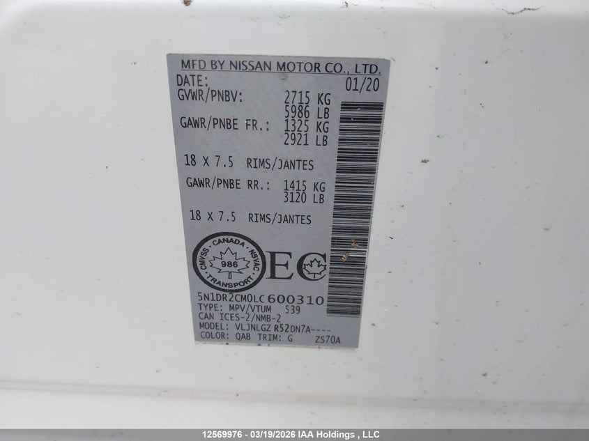 2020 Nissan Pathfinder Sl Premium VIN: 5N1DR2CM0LC600310 Lot: 12569976