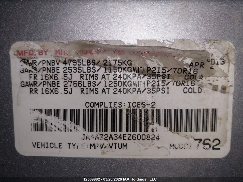 2014 Mitsubishi Outlander VIN: JA4AZ2A34EZ600824 Lot: 12569982