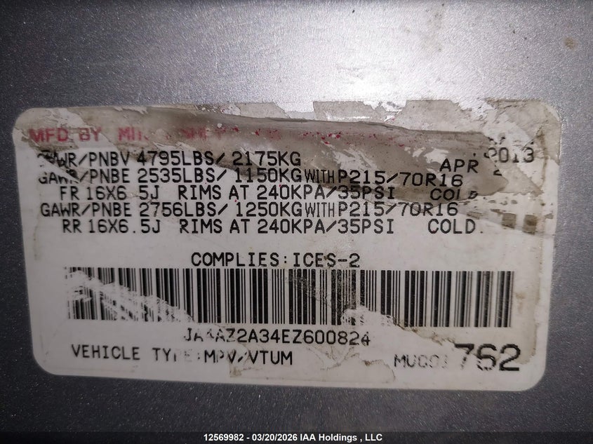 2014 Mitsubishi Outlander VIN: JA4AZ2A34EZ600824 Lot: 12569982