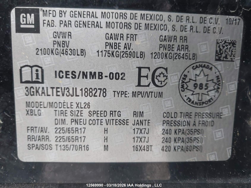 2018 GMC Terrain Sle VIN: 3GKALTEV3JL188278 Lot: 12569990