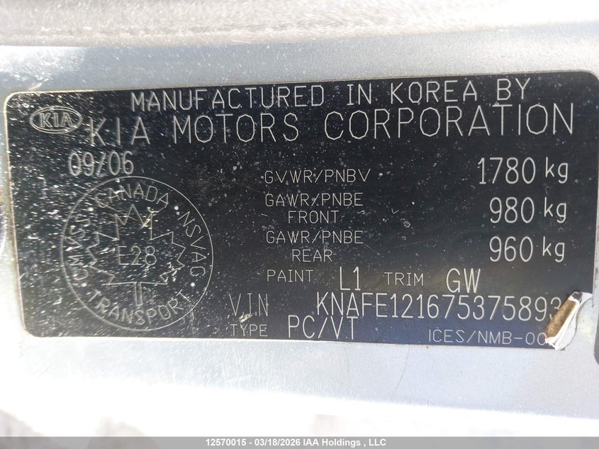 2007 Kia Spectra VIN: KNAFE121675375893 Lot: 12570015