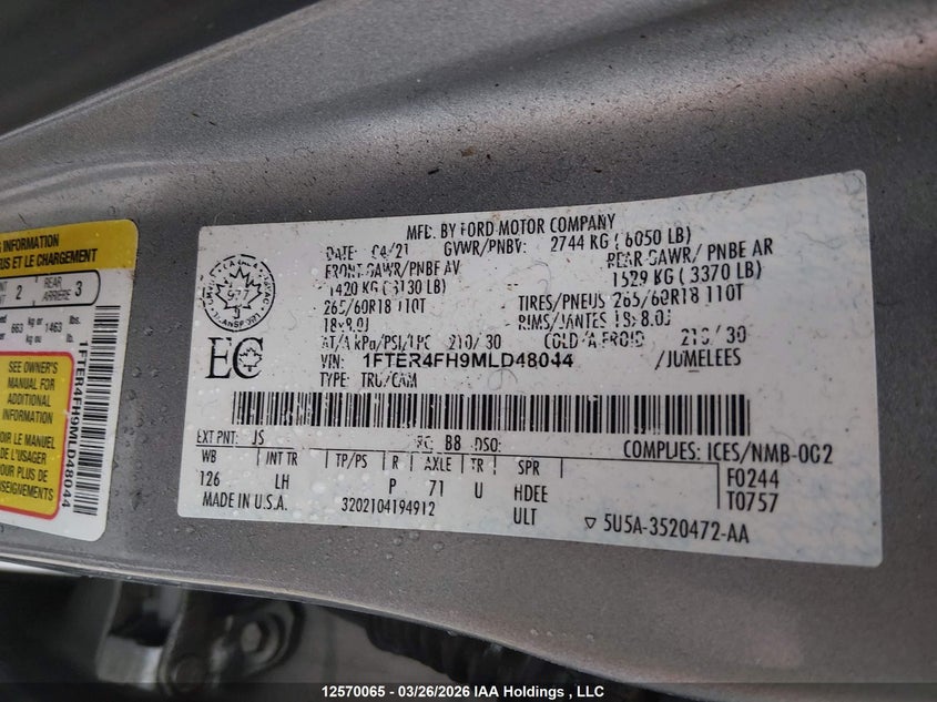 2021 Ford Ranger Xl/Xlt/Lariat VIN: 1FTER4FH9MLD48044 Lot: 12570065