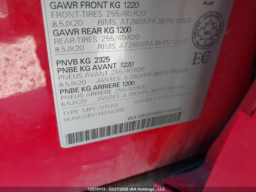 2021 Audi Q3 45 Progressiv VIN: WA1EECF36M1106666 Lot: 12570113