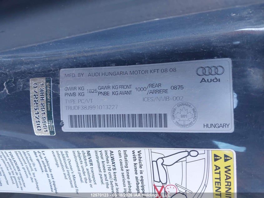 2009 Audi Tt VIN: TRUDF38J991013227 Lot: 12570123