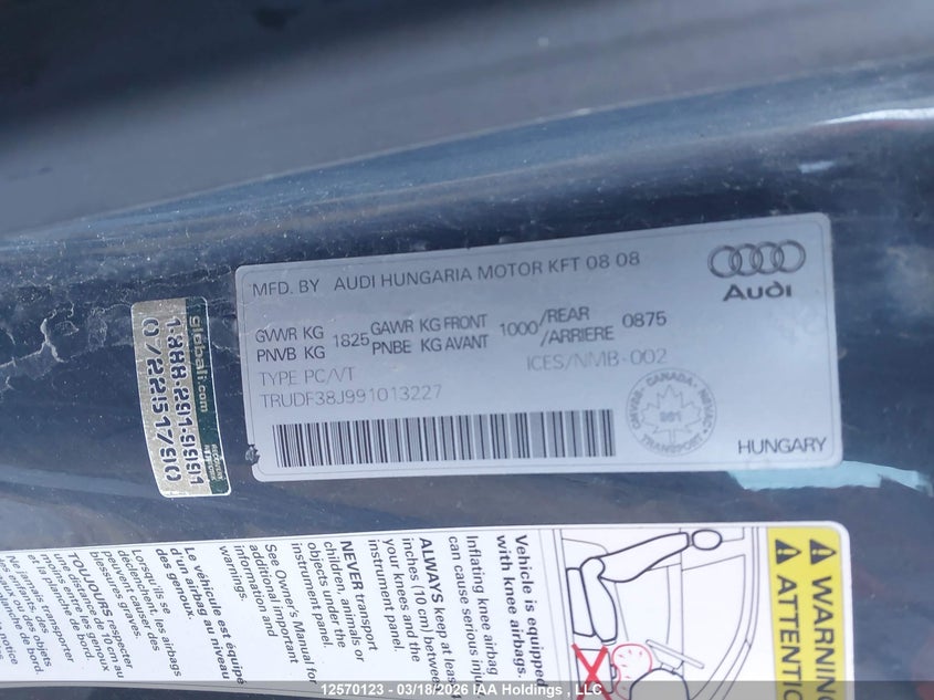 2009 Audi Tt VIN: TRUDF38J991013227 Lot: 12570123