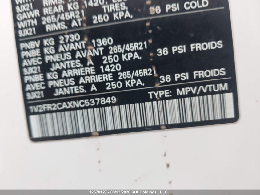 2022 Volkswagen Atlas 3.6 Fsi Execline VIN: 1V2FR2CAXNC537849 Lot: 12570127