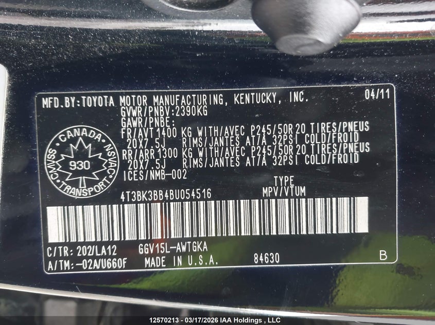 2011 Toyota Venza VIN: 4T3BK3BB4BU054516 Lot: 12570213