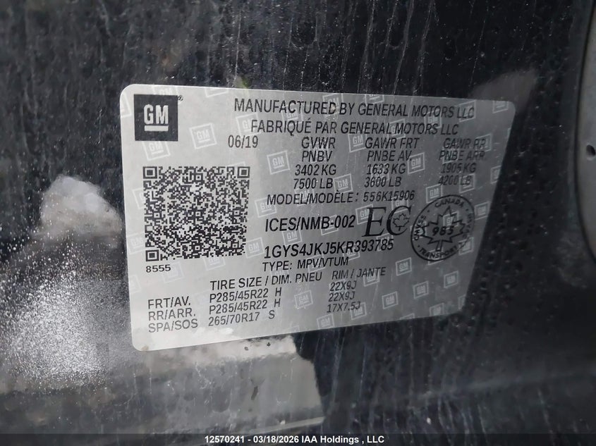 2019 Cadillac Escalade Esv VIN: 1GYS4JKJ5KR393785 Lot: 12570241