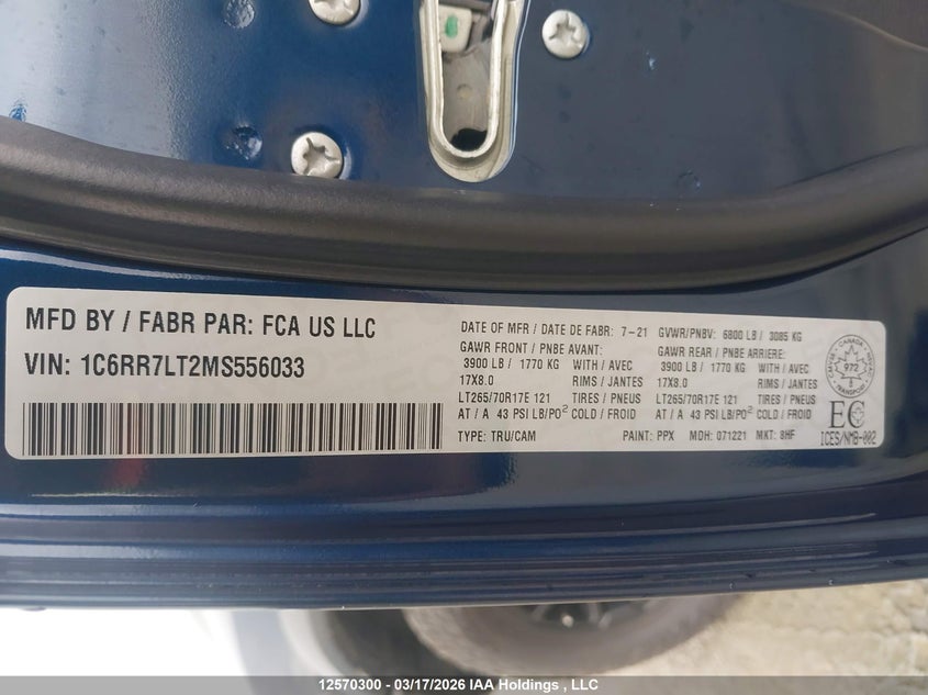 2021 Ram 1500 Classic Slt VIN: 1C6RR7LT2MS556033 Lot: 12570300