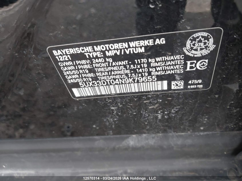 2022 BMW X4 xDrive30I VIN: 5UX33DT04N9K79655 Lot: 12570314