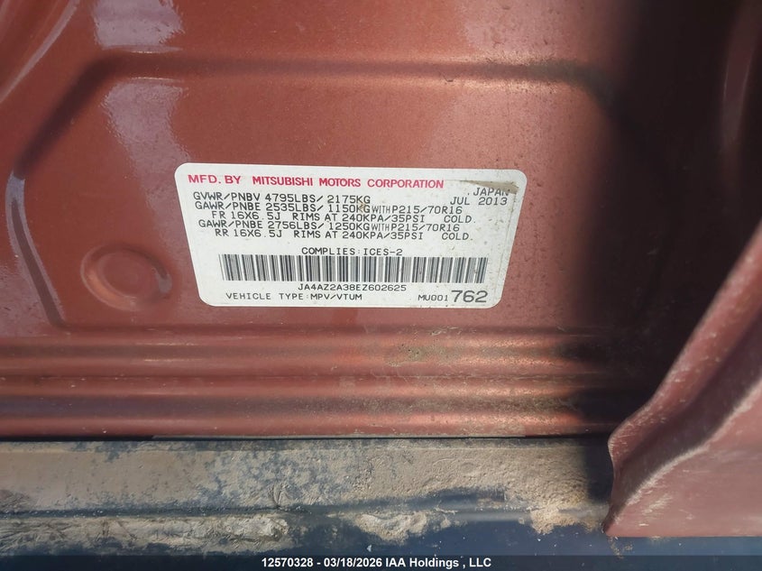 2014 Mitsubishi Outlander Es VIN: JA4AZ2A38EZ602625 Lot: 12570328