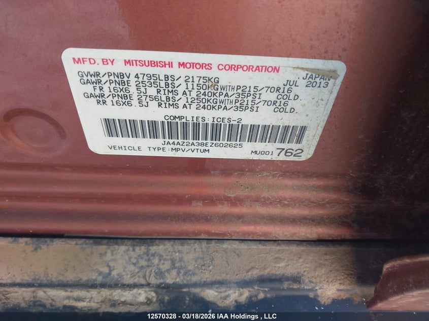 2014 Mitsubishi Outlander Es VIN: JA4AZ2A38EZ602625 Lot: 12570328