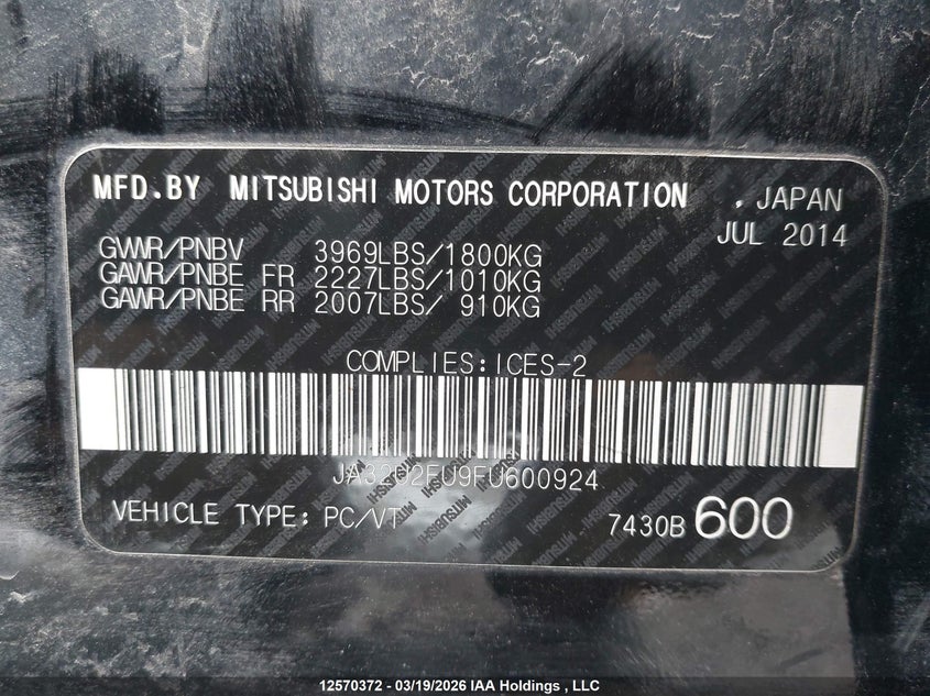 2015 Mitsubishi Lancer Es VIN: JA32U2FU9FU600924 Lot: 12570372