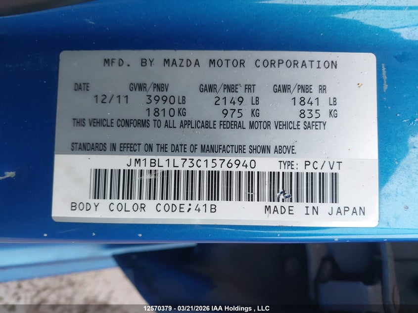 2012 Mazda 3 I VIN: JM1BL1L73C1576940 Lot: 12570379