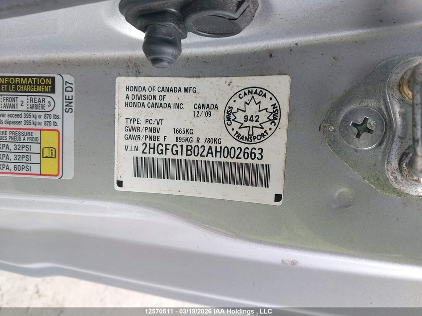 2010 Honda Civic Exl VIN: 2HGFG1B02AH002663 Lot: 12570511