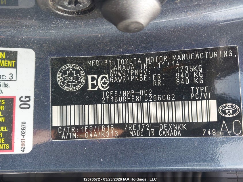 2015 Toyota Corolla L/Le/Le Pls/Prm/S/S Pls VIN: 2T1BURHE8FC296062 Lot: 12570572