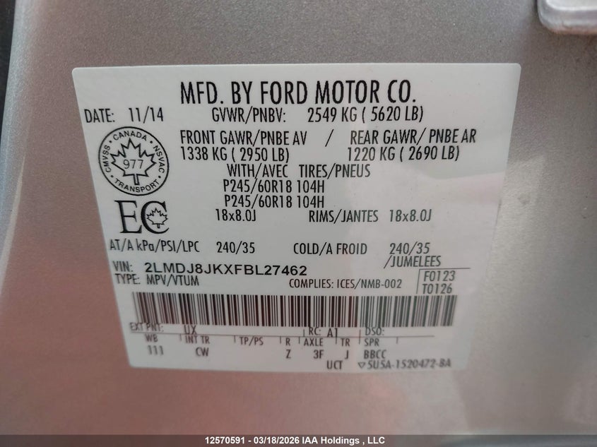 2015 Lincoln Mkx VIN: 2LMDJ8JKXFBL27462 Lot: 12570591