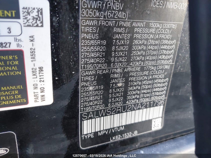 2022 Land Rover Range Rover Sport Hst VIN: SALWS2RU2NA211796 Lot: 12570657