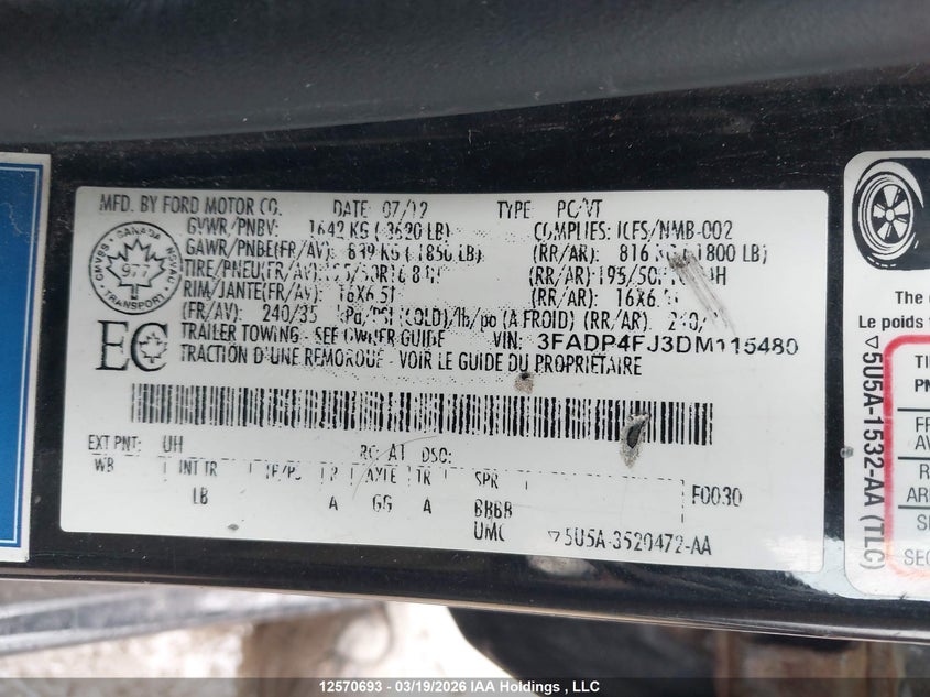 2013 Ford Fiesta Titanium VIN: 3FADP4FJ3DM115480 Lot: 12570693