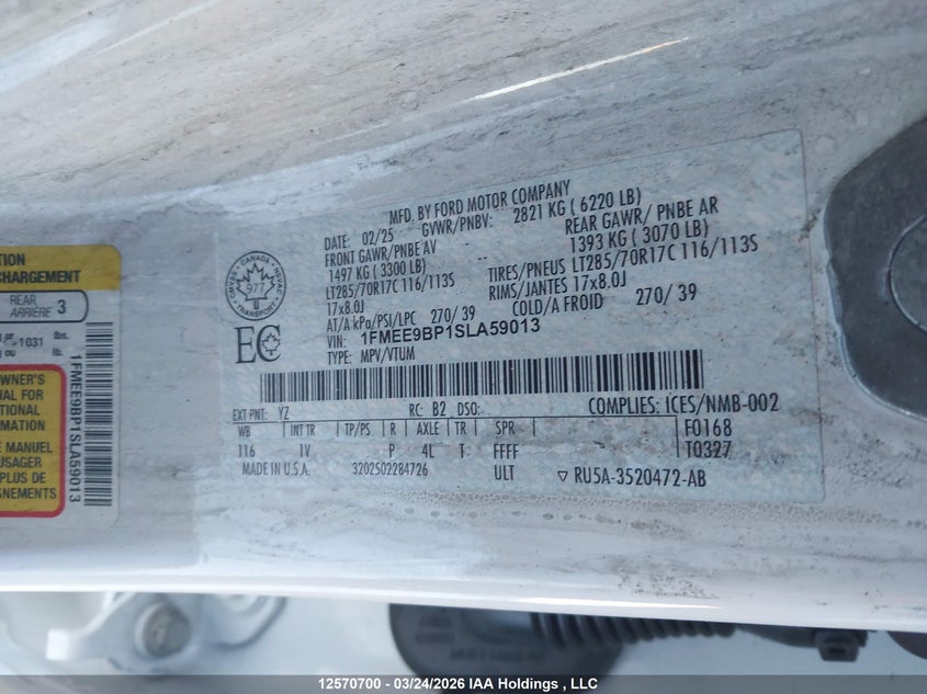 2025 Ford Bronco VIN: 1FMEE9BP1SLA59013 Lot: 12570700