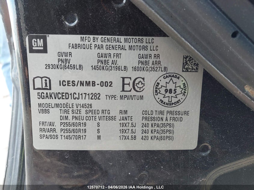 2012 Buick Enclave Cxl VIN: 5GAKVCED1CJ171282 Lot: 12570712