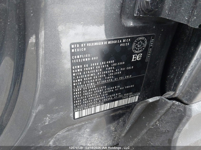 2025 Volkswagen Taos Se VIN: 3VVUC7B27SM058219 Lot: 12570729