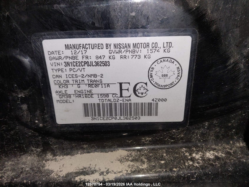 2018 Nissan Versa VIN: 3N1CE2CP0JL362503 Lot: 12570754