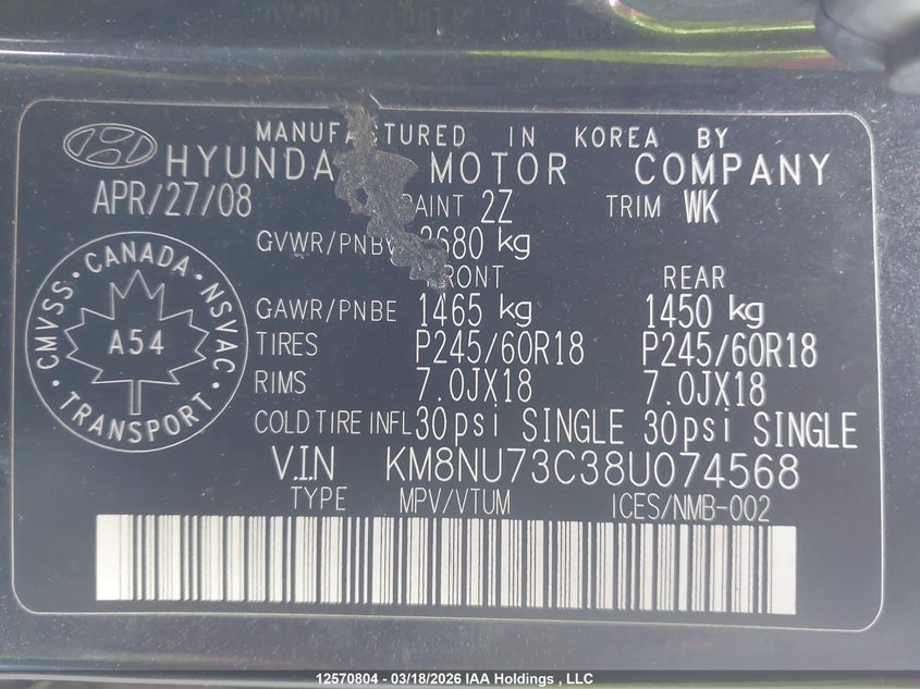 2008 Hyundai Veracruz Gls/Se/Limited VIN: KM8NU73C38U074568 Lot: 12570804