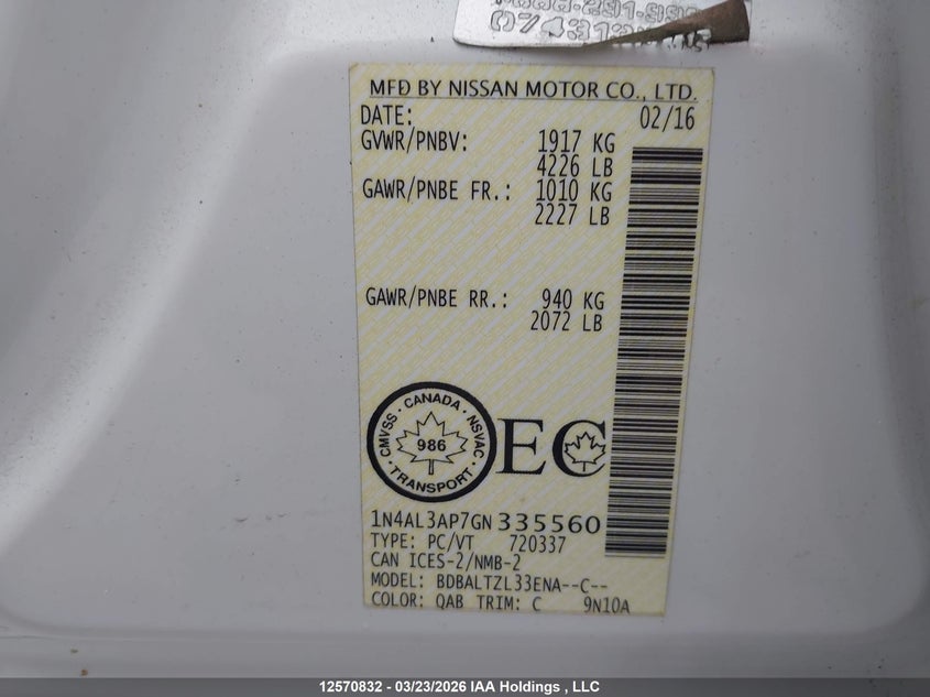 2016 Nissan Altima 2.5/2.5 S/2.5 Sl Tech/2.5 Sr/2.5 Sv VIN: 1N4AL3AP7GN335560 Lot: 12570832