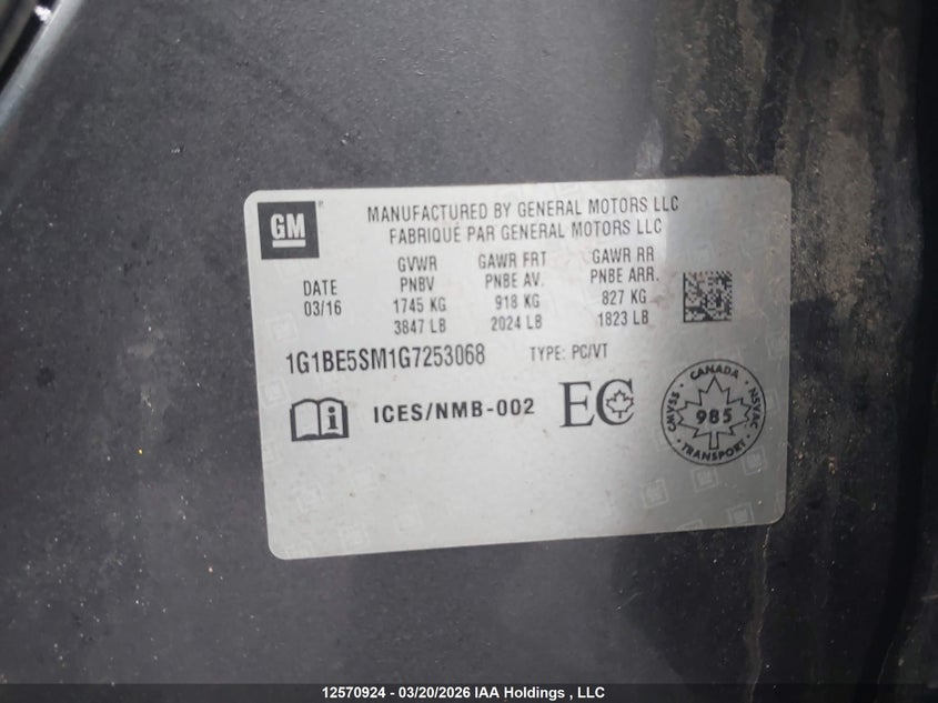 2016 Chevrolet Cruze Lt VIN: 1G1BE5SM1G7253068 Lot: 12570924