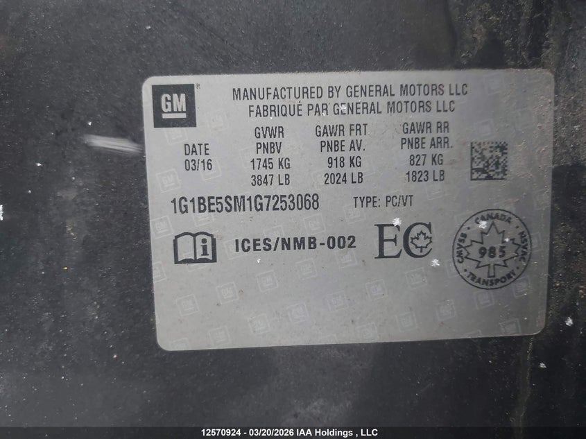 2016 Chevrolet Cruze Lt VIN: 1G1BE5SM1G7253068 Lot: 12570924