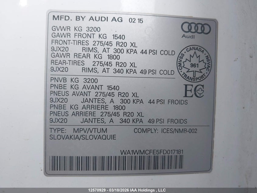 2015 Audi Q7 3.0 Tdi Vorsprung Edition VIN: WA1WMCFE5FD017181 Lot: 12570929