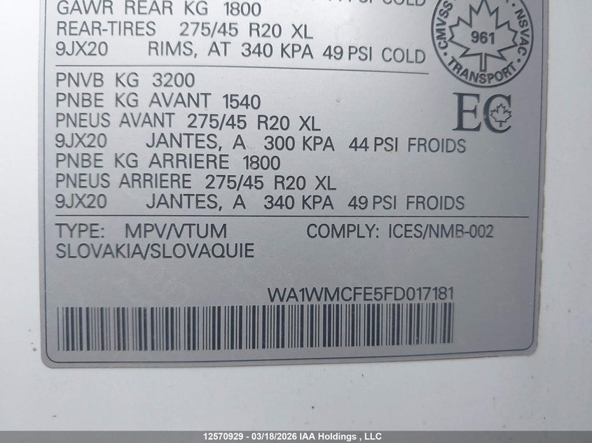 2015 Audi Q7 3.0 Tdi Vorsprung Edition VIN: WA1WMCFE5FD017181 Lot: 12570929