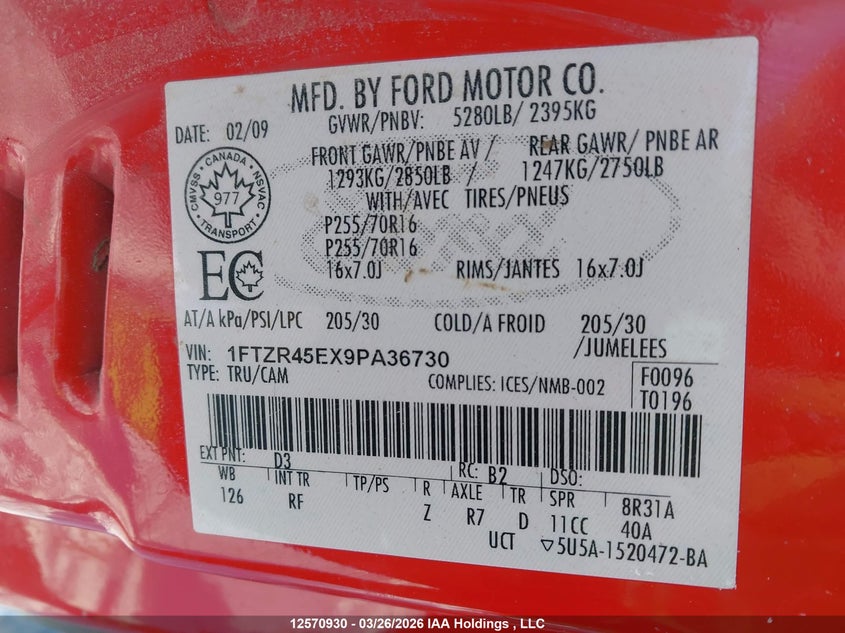 2009 Ford Ranger Fx4 Off-Road/Sport/Xl/Xlt VIN: 1FTZR45EX9PA36730 Lot: 12570930