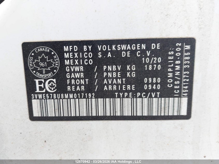 2021 Volkswagen Jetta Highline VIN: 3VWE57BU8MM017192 Lot: 12570942