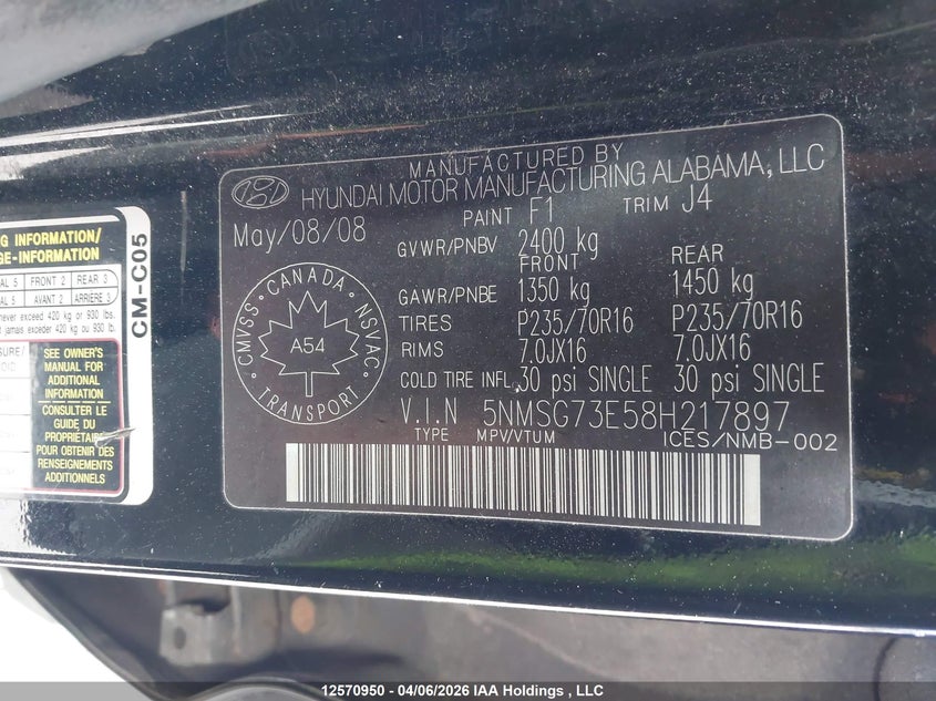2008 Hyundai Santa Fe Gl VIN: 5NMSG73E58H217897 Lot: 12570950