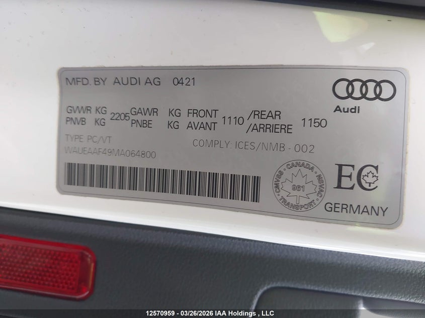 2021 Audi A4 Premium Plus 45 VIN: WAUEAAF49MA064800 Lot: 12570959