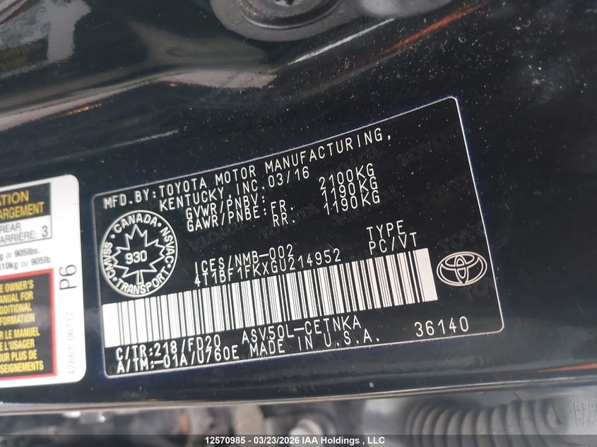 2016 Toyota Camry Le/Xle/Se/Xse VIN: 4T1BF1FKXGU214952 Lot: 12570985