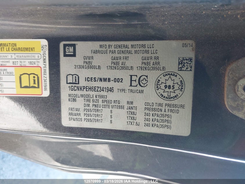 2014 Chevrolet Silverado 1500 1Wt/2Wt VIN: 1GCNKPEH6EZ341946 Lot: 12570999