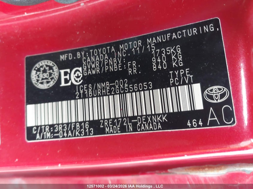 2016 Toyota Corolla Le VIN: 2T1BURHE2GC556053 Lot: 12571002
