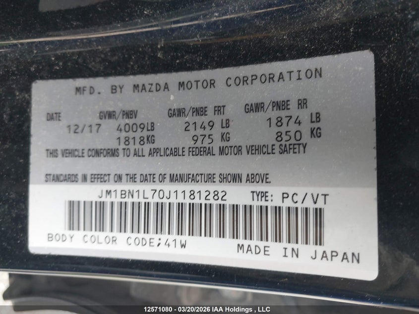 2018 Mazda 3 Touring VIN: JM1BN1L70J1181282 Lot: 12571080