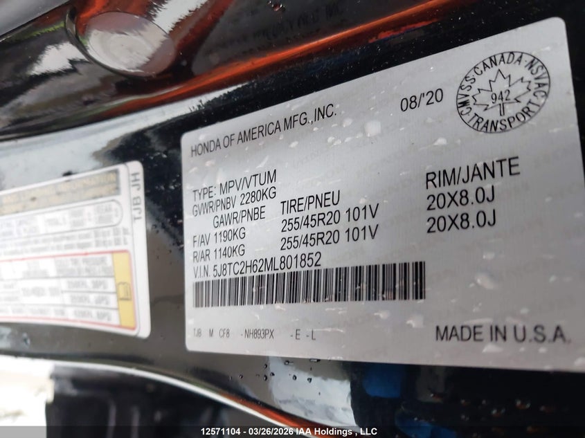 2021 Acura Rdx VIN: 5J8TC2H62ML801852 Lot: 12571104