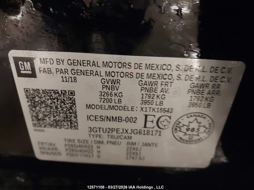 2018 GMC Sierra K1500 Denali VIN: 3GTU2PEJXJG618171 Lot: 12571108