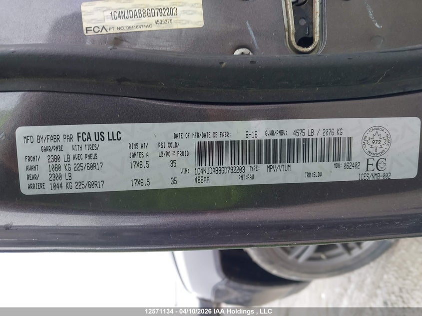 2016 Jeep Compass VIN: 1C4NJDAB8GD792203 Lot: 12571134