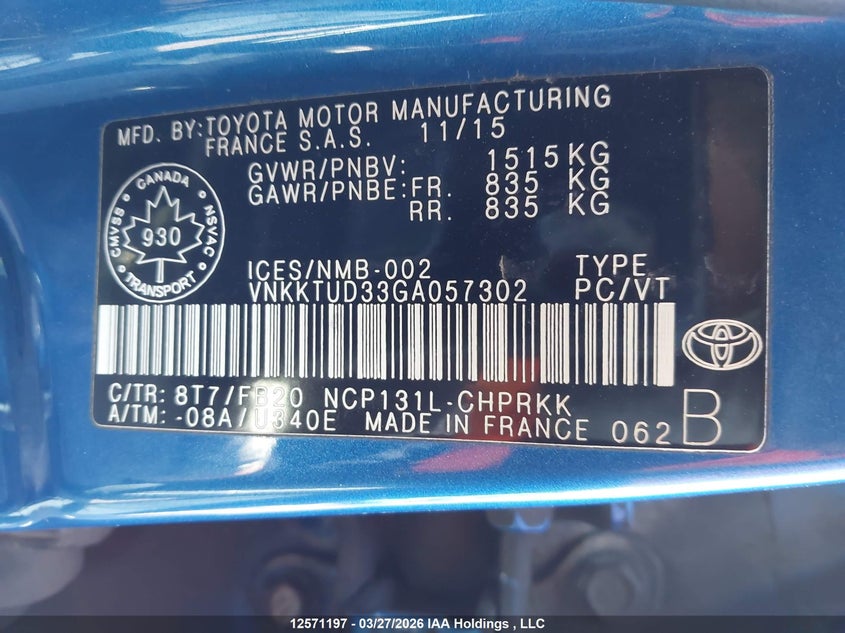 2016 Toyota Yaris Le VIN: VNKKTUD33GA057302 Lot: 12571197