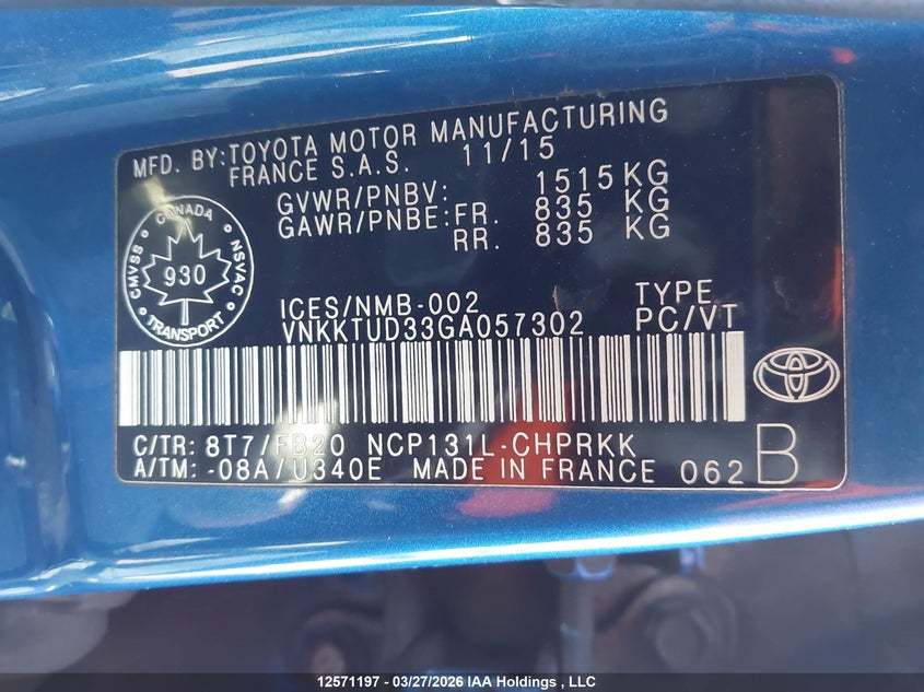 2016 Toyota Yaris Le VIN: VNKKTUD33GA057302 Lot: 12571197