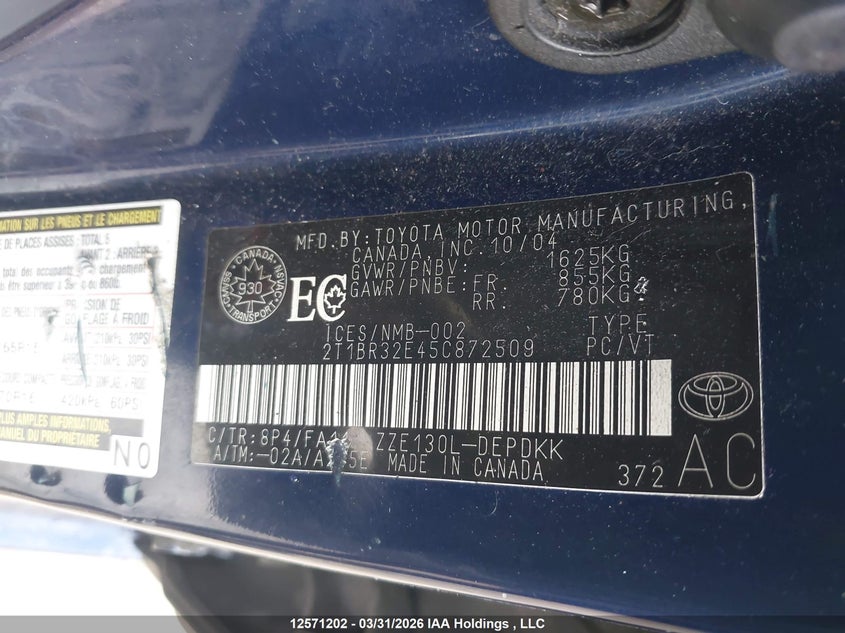 2005 Toyota Corolla VIN: 2T1BR32E45C872509 Lot: 12571202