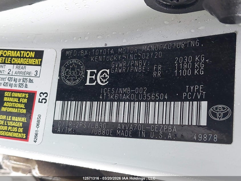 2020 Toyota Camry Xse VIN: 4T1K61AK0LU356504 Lot: 12571316